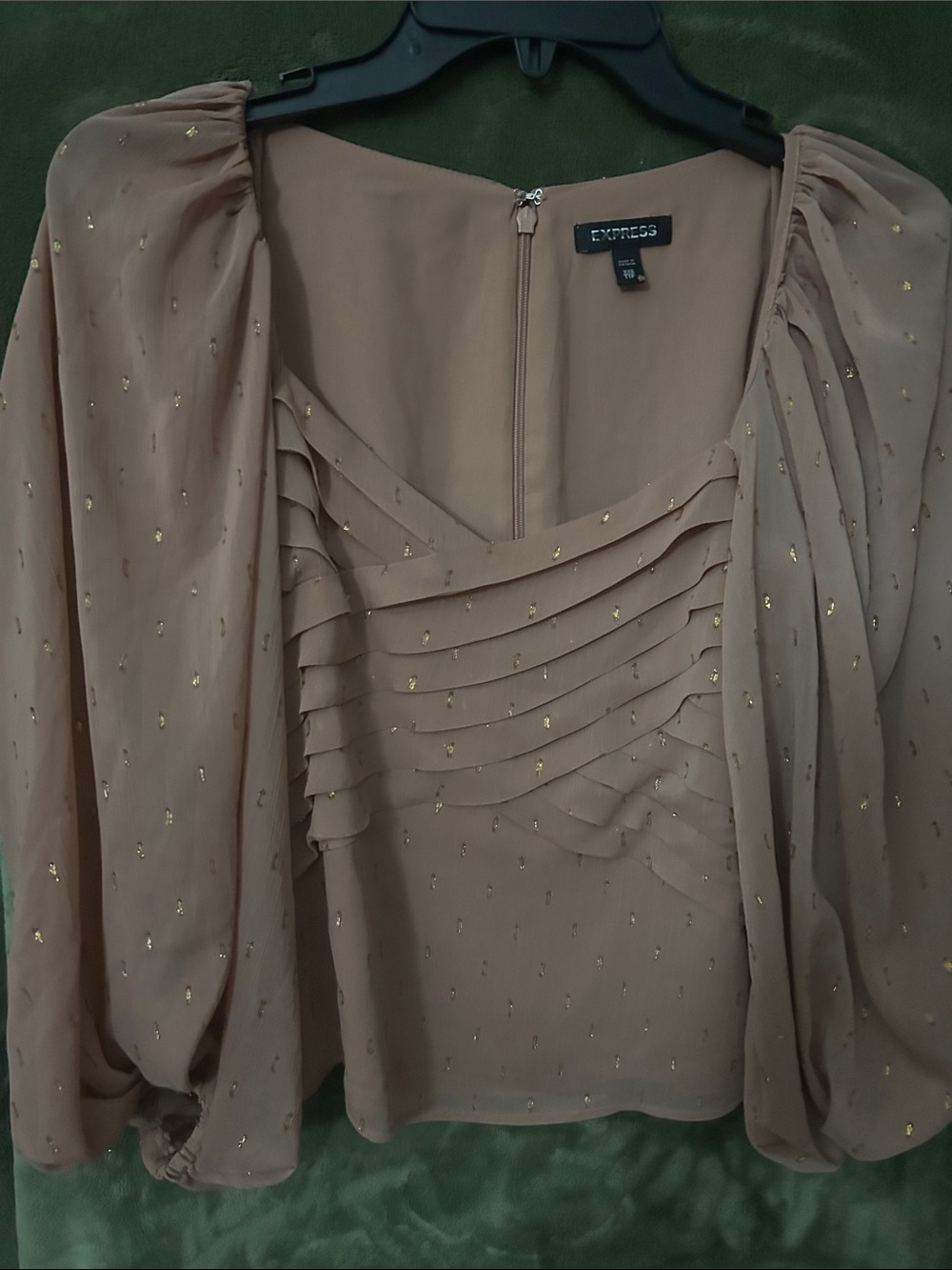 Express Taupe Blouse with Gold Metallic Dot Accents